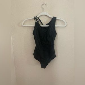 Black shiny Capezio child medium dance or gymnastics leotard